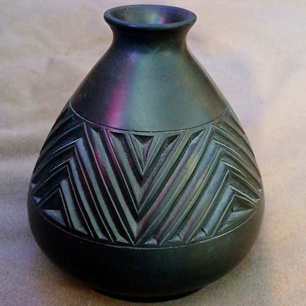 Japanese blackened geometric vase, signed